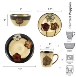 Painted Poppies 16 Piece Dinnerware Set, Service For 4 -Kitchen Utensils 5088128 dimensions 01