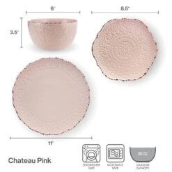 Chateau Pink 12 Piece Dinnerware Set, Service For 4 18 Chateau Pink 12 Piece Dinnerware Set, Service For 4 -Kitchen Utensils 5296079 PFZ Chateau Pink 3pc Set Infographic