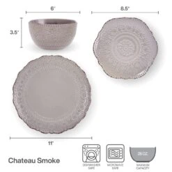 Chateau Smoke 12 Piece Dinnerware Set, Service For 4 16 Chateau Smoke 12 Piece Dinnerware Set, Service For 4 -Kitchen Utensils 5296080 PFZ Chateau Smoke 3pc Set Infographic