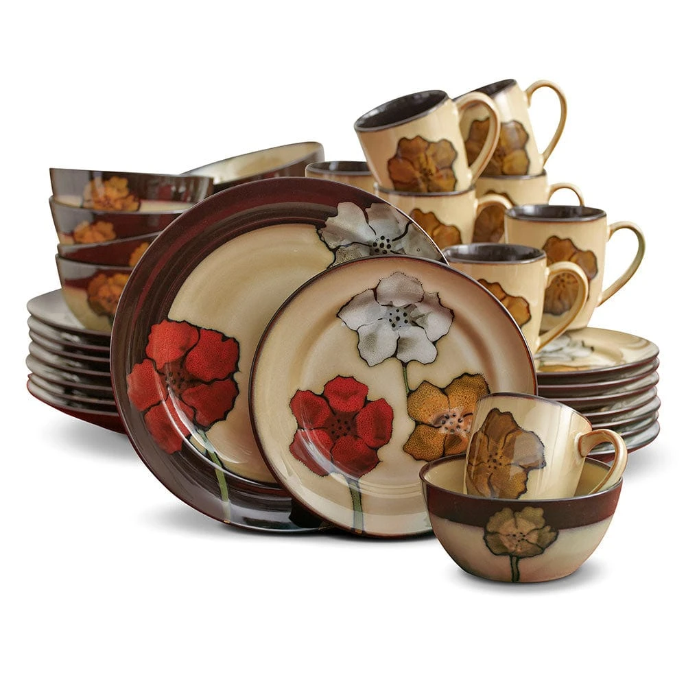 Painted Poppies 32 Piece Dinnerware Set, Service For 8 3 Painted Poppies 32 Piece Dinnerware Set, Service For 8